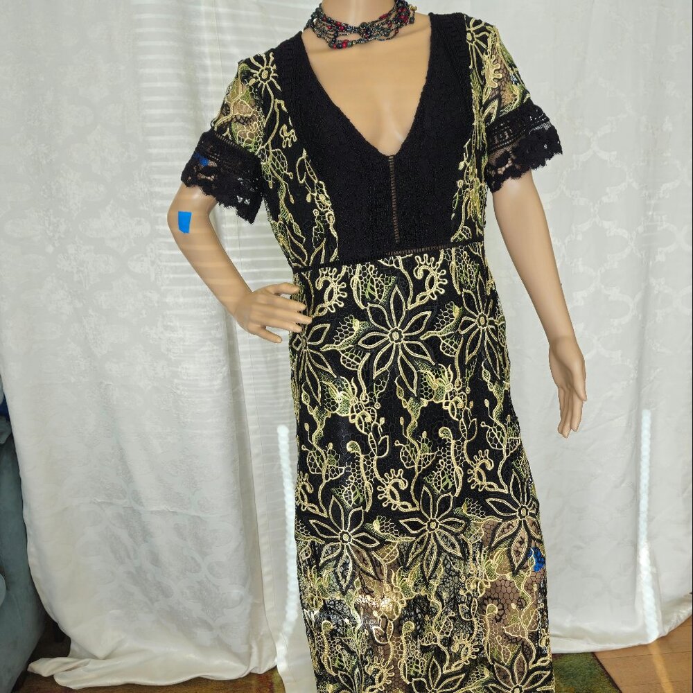 French Connection | Elegant Ink Green & Black Lace Dress| New With Tag